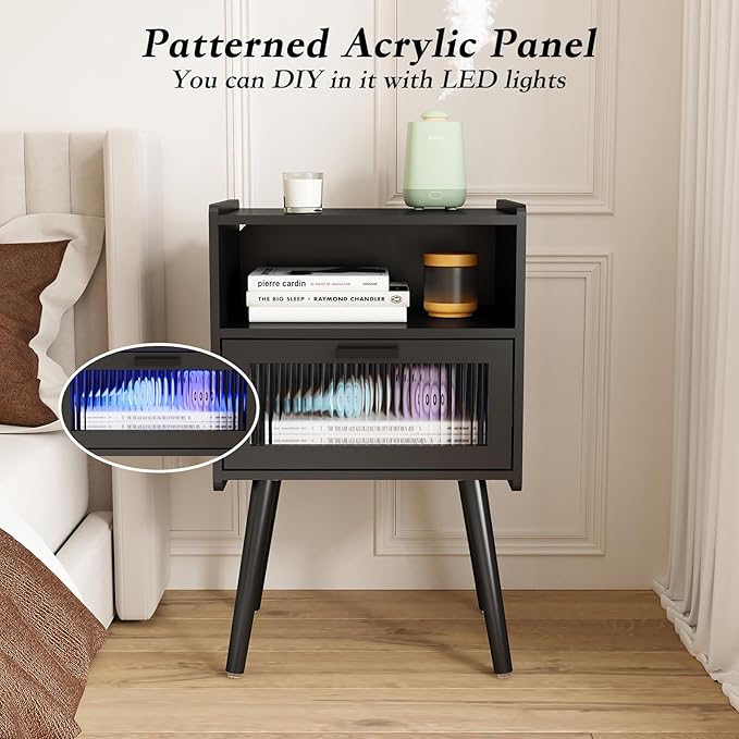SOOWERY Mid Century Modern Nightstand, Side Table with Storage, Bedside Tables with Acrylic Drawer, End Table with Solid Wood Legs for Bedroom, Living Room and Small Spaces, Black