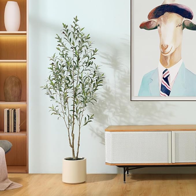 LOMANTO Artificial Olive Trees, 6 ft Tall Fake Olive Trees for Indoor, Faux Olive Silk Tree, Large Olive Plants with White Planter for Home Decor and Housewarming Gift, 1 Pack