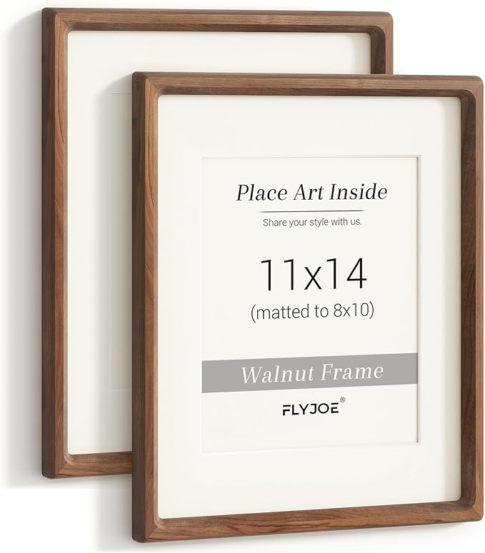 11x14 Picture Frame Set of 2, USA-Sourced Walnut Wood Photo Frame with Tempered Glass, Handcrafted Rounded Corner 11 x 14 Wooden Frame Matted to 8x10 Photos, Wall or Tabletop Display