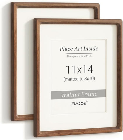 11x14 Picture Frame Set of 2, USA-Sourced Walnut Wood Photo Frame with Tempered Glass, Handcrafted Rounded Corner 11 x 14 Wooden Frame Matted to 8x10 Photos, Wall or Tabletop Display