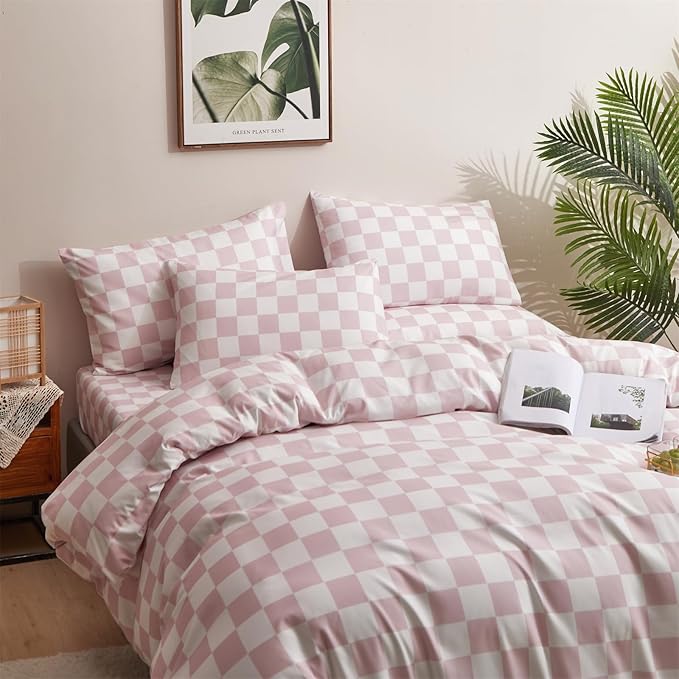 Pureant Pink White Plaid Comforter Sets Queen Women Men Bean Pink and White Checkerboard Grid Bedding Comforters Cotton Boys Girls Modern Dusty Pink Checkered Geometric Quilts Luxury Abstract Bed