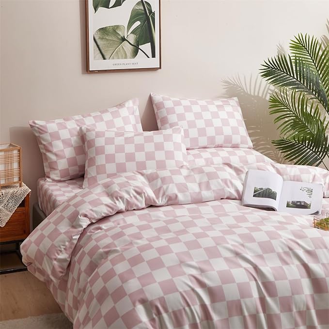 Pureant Pink White Plaid Comforter Sets California King Women Men Bean Pink and White Checkerboard Grid Bedding Comforters Cal King Modern Dusty Pink Checkered Geometric Quilts Luxury Abstract Bed