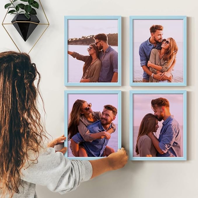 Renditions Gallery Set of 4, 8X10 Custom Photo Prints with Real Wood Picture Frames. Create Personalized Photos with Peel & Stick Photo Frames. Blue Frame