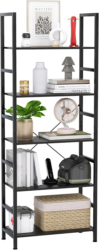 5 Tier Bookshelf Industrial Ladder Shelf Open Display Storage Rack Wood Bookcase with Metal Frame, Freestanding Storage Shelves for Home Office, Living Room, Bedroom, Kitchen (Black, 5-Tier)