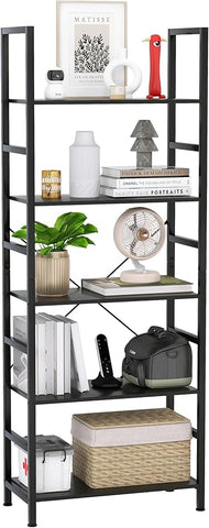 5 Tier Bookshelf Industrial Ladder Shelf Open Display Storage Rack Wood Bookcase with Metal Frame, Freestanding Storage Shelves for Home Office, Living Room, Bedroom, Kitchen (Black, 5-Tier)