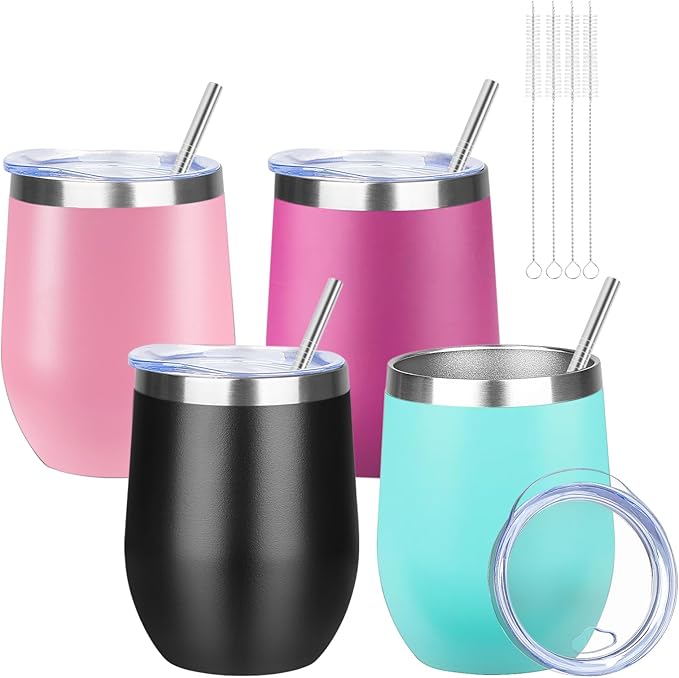 12oz/4 Pack Wine Tumbler Glasses with Lid Stemless Double Wall Vacuum Stainless Steel Travel Tumbler Keeping Cold & Hot for Wine,Coffee,Cocktails,Christmas Drinks-Family and Gifts(Multi color-5)