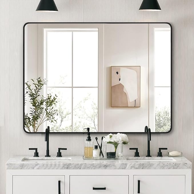 36"x48" Bathroom Wall Mirror with Matte Black Metal Frame & HD Glass, Copper-Free Mirrors Modern Rectangle Round Corner Framed Vanity Mirror - Horizontal or Vertical Installation