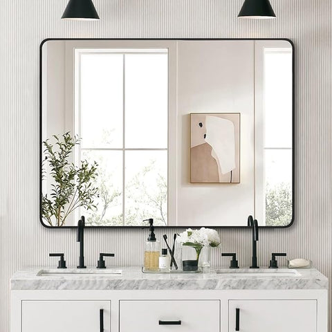 36"x48" Bathroom Wall Mirror with Matte Black Metal Frame & HD Glass, Copper-Free Mirrors Modern Rectangle Round Corner Framed Vanity Mirror - Horizontal or Vertical Installation