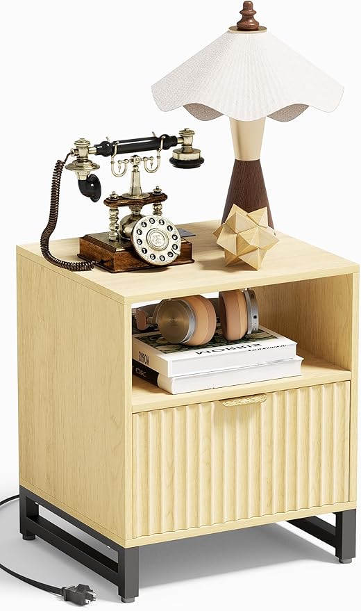 Fluted Night Stand with Charging Station, Wood Nightstand with Large Drawer and Open Storage Cabinet, Mid-Century Modern Bedside Table End Table for Bedroom Closet Office