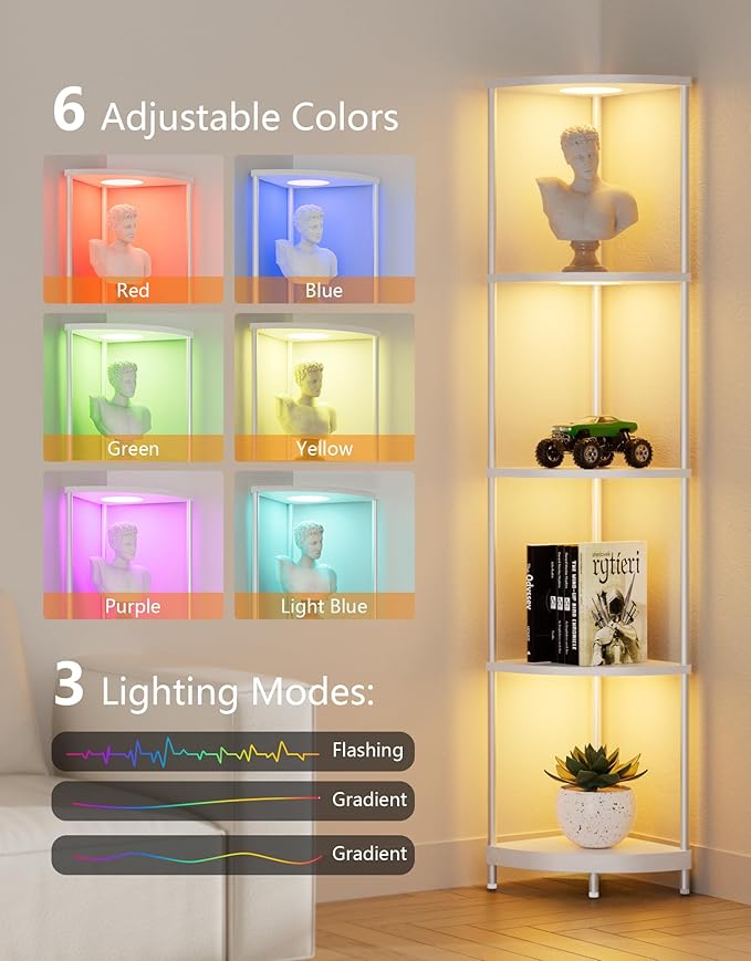 Corner Shelf with RGBCW LED Light, 64.5” Tall Floor Lamp Narrow Bookshelf Organizer, Standing Shelves with Metal Pole, Display Storage Rack for Wall Corner, Living Room, Bedroom, Office Décor, White