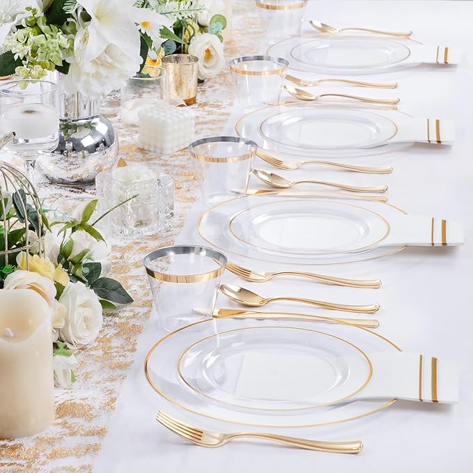 SUT 175 PCS Clear and Gold Plastic Plates, Plates Disposable Heavy Duty for 25 Guests, Disposable Plates for Party and Wedding, Party plates and Cups and Napkins Sets, Plastic plates Disposable