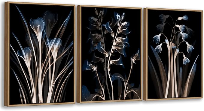 Large Modern Framed Wall Art - Natural Float Framed Blue Brown Flowers Black Canvas Pictures Decor Abstract Botanical Artwork for Living Room Bedroom Kitchen Home Office Decoration 60" X 28" Set of 3