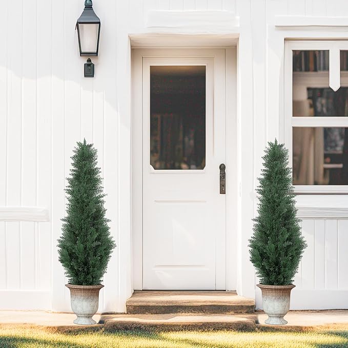 4FT Artificial Cedar Tree - Realistic Faux Cedar Trees for Outdoor Planters - Fake Cypress Trees for Front Porch - Faux Evergreen Plants for Home Porch Decor - Set of 2
