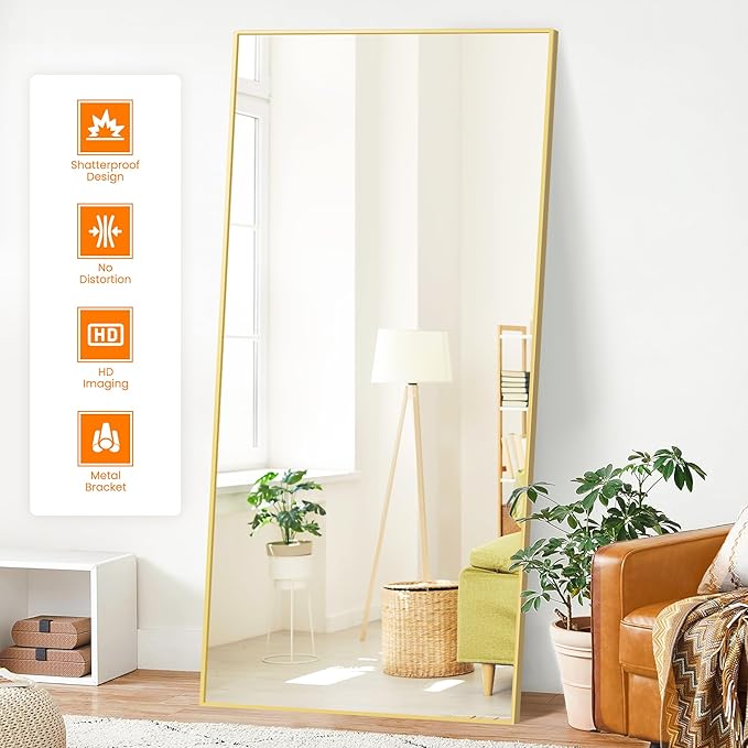 Full Length Mirror, 75"x35" Rectangle Standing Floor Full Body Mirror for Wall with Aluminum Alloy Frame for Bedroom, Living Room, Dressing Room(Gold)