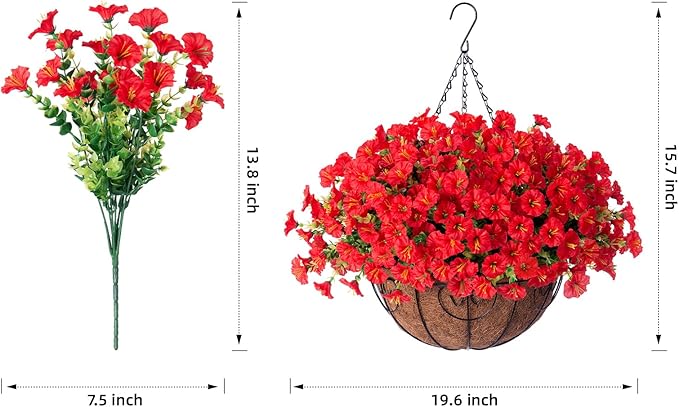 Artificial Fake Hanging Flowers Plants in Basket for Outdoor Decoration, 12 Pcs Faux Morning Glory in Planter Realistic UV Resistant Silk Flowers for Home Porch Patio Balcony Yard Outside, Red