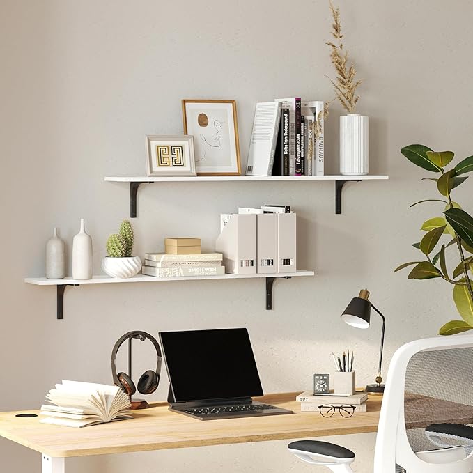 DINZI LVJ Long Wall Shelves, 55.1Inch Wall Mounted Shelves Set of 2, Extra Large Floating Storage Ledges with Sturdy Metal Brackets for Living Room, Bathroom, Bedroom, Kitchen, White