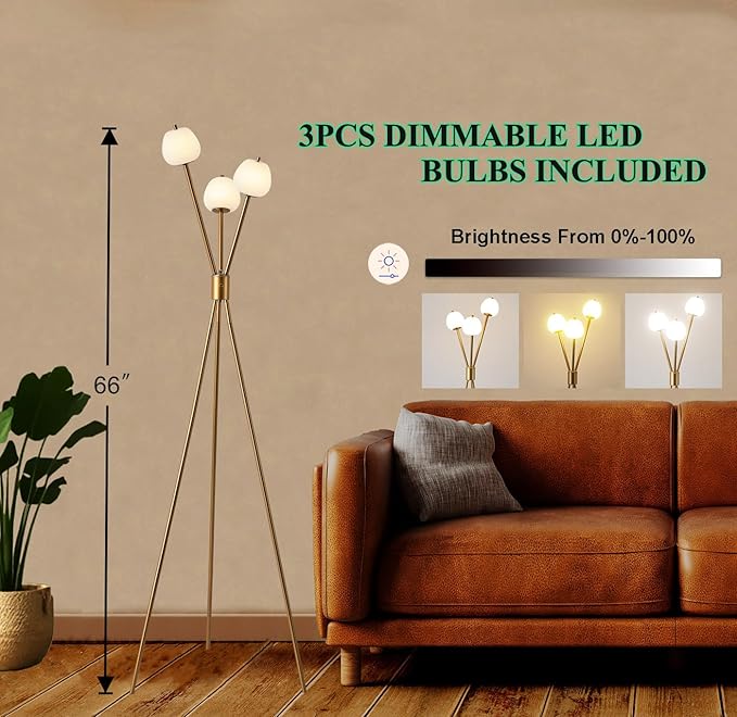 Fiqevs Dimmable Tripod 3 Globe Floor Lamp for Living Room, Mid Modern Gold Floor Lamp with Elegant Frosted Ball Shade and Warm Light LED Bulbs, Standing Tall Lamp for Bedroom, Office - Antique Brass