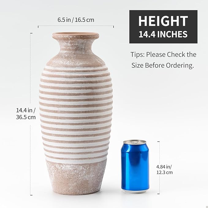 Ceramic Rustic Vase, 14.4 Inch Large Vintage Flower | Threaded Decorative Farmhouse Tall Vase for Home Decor, Living Room, Shelf Decor, Wedding Housewarming Gift, Khaki