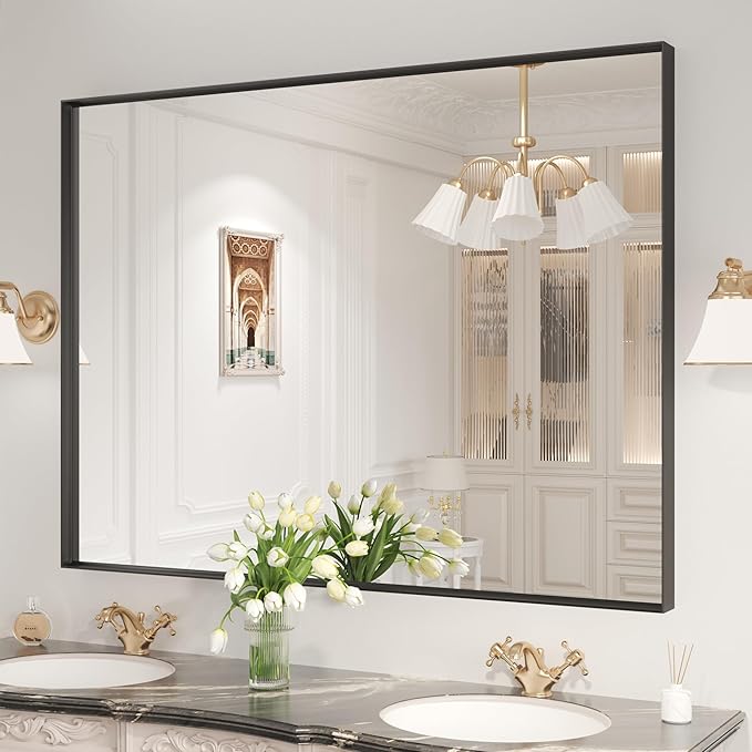 LOAAO Black Bathroom Mirror 48"X32" for Wall, Rectangle Bathroom Vanity Mirror, Tempered Glass, Hangs Vertically or Horizontally, Easy to Install, Modern Design