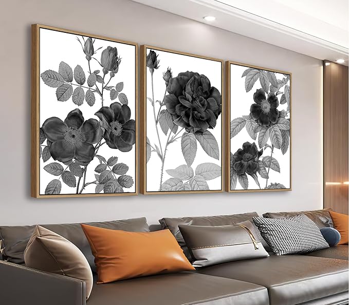 Large Framed Canvas Wall Art - Natural Float Framed Black Gray Flowers Pictures Decor Simple Blossom Leaves Botanical Artwork for Living Room Bedroom Kitchen Home Office Decoration 48" X 24" Set of 3