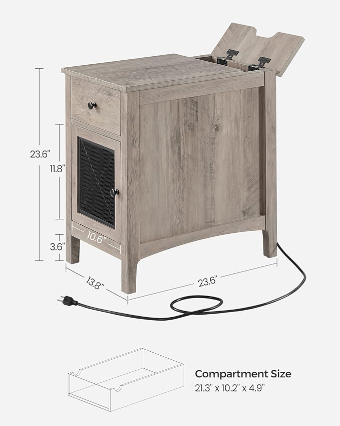 VASAGLE Side Table with Storage, End Table with USB Ports and Outlets, Nightstand with Charging Station, Drawer, Storage Cabinet, Magazine Rack, for Living Room, Bedroom, Greige ULET312T02