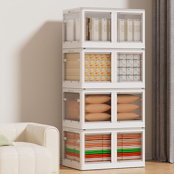 128 GAL Large Plastic Stackable Storage Bins with Wheels and Lids - Collapsible Closet Organizer for Bedroom, Kitchen, Office