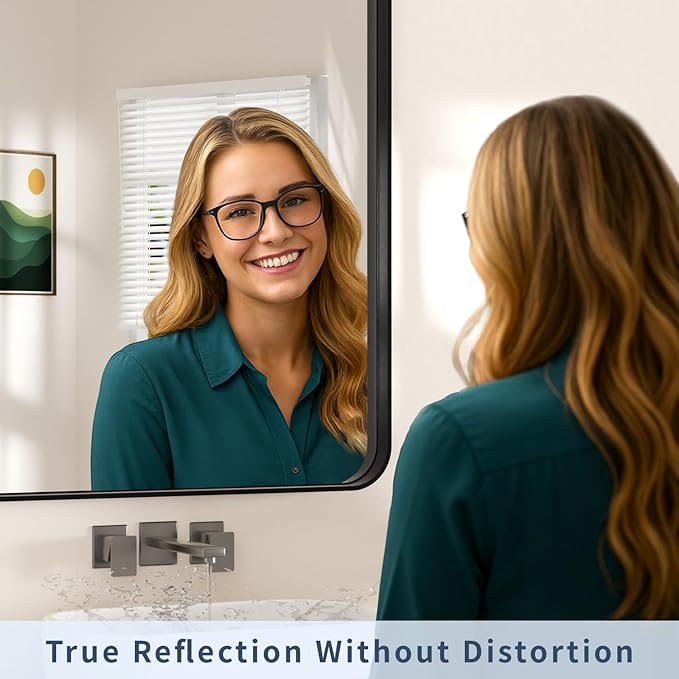 30×36 Framed Mirrors for Wall - Rectangle Black Vanity Mirror with Tempered Glass & Rounded Corners for Bathroom Sink, Bedroom, Hallway, Restroom, Rustproof Frame, Horizontal/Vertical, Modern