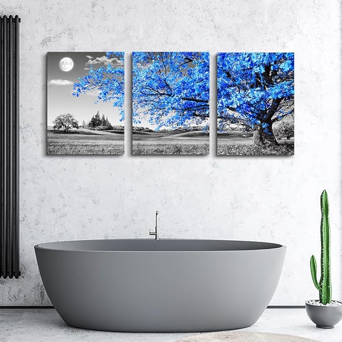 DZRWUBHS Canvas Wall Art For Living Room Modern Wall Decor For Office Black And White Blue Tree Wall Painting Scenery Wall Pictures Artwork For Bedroom Room Home Decor Prints Art 16" X 24" 3 Piece