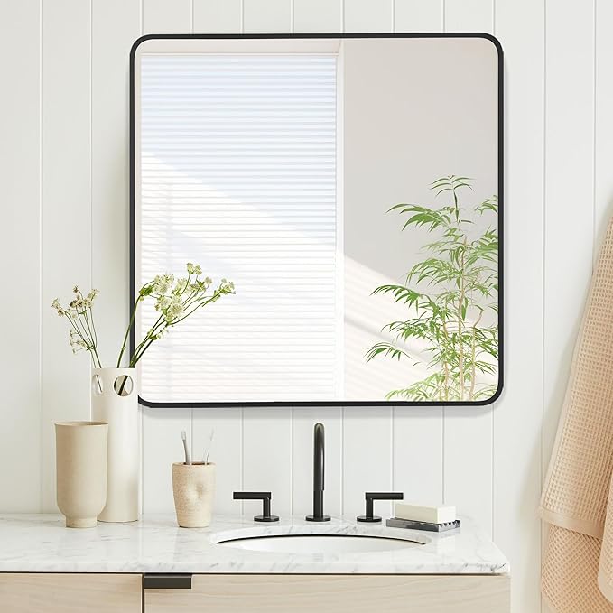 36x36 Inch Rectangle Bathroom Mirror with Black Metal Frame, Rounded Corner Rectangular Vanity Mirror for Wall, Modern Large for Bedroom, Living Room, Horizontal or Vertical