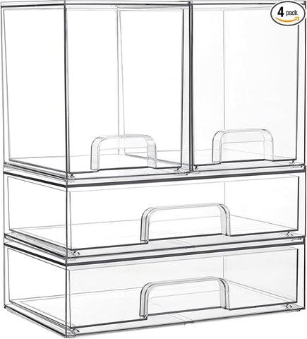 Vtopmart Clear Stackable Storage Drawers Set of 4, Plastic Organizer Bins for Makeup, Cosmetics, Beauty Supplies,Ideal for Vanity, Bathroom,Cabinet,Pantry Organization