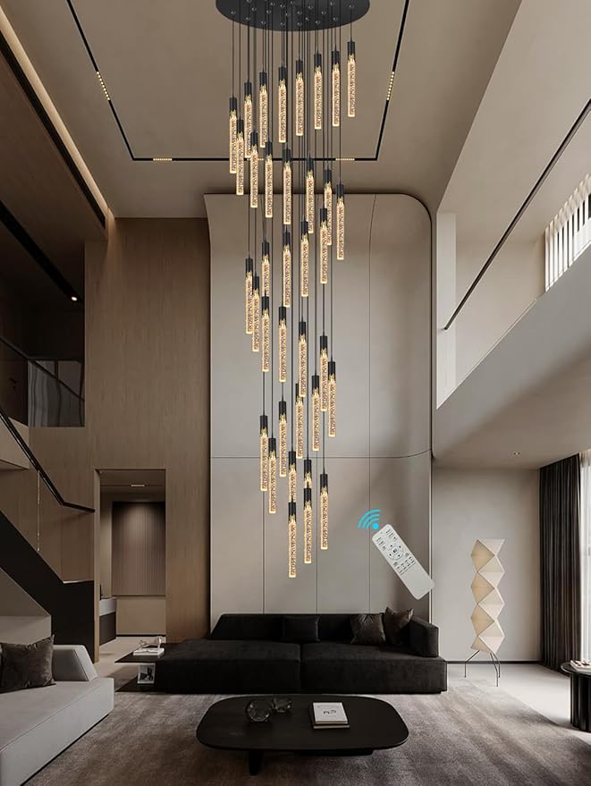 Flashing God Long Chandeliers for High Ceiling Black Bubble Crystal Chandelier Large Foyer Entrance Chandeliers for High Ceiling Big Crystal Chandelier LED Dimmable 2700K-6000K