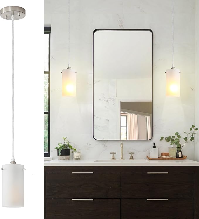 1-Light Mini Pendant Light Fixtures, Modern Chandelier Hanging Ceiling Light with White Frosted Shade, Brushed Nickel Pendant Lighting Adjustable Height, 3 Pack