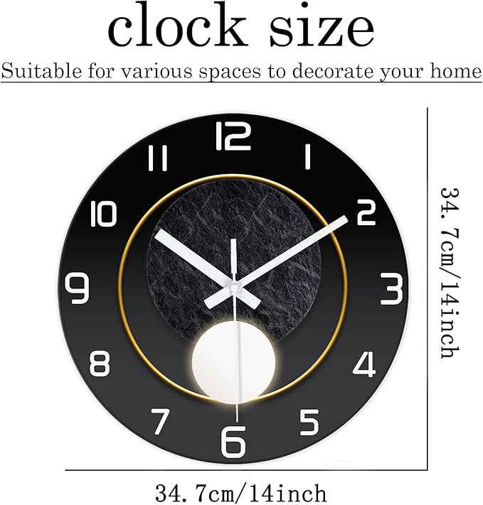 XNM Black Wall Clock for Office 14 Inch Contemporary Glass Wall Clocks Battery Operated Silent Clock for Wall