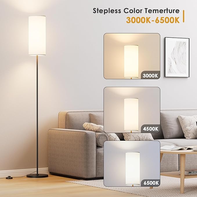 Floor Lamp for Living Room, Modern Standing lamp with Remote Control, Stepless Dimmable 9W Bulb & Beige Lampshade Included, Black Pole Tall Floor Lamp for Bedroom Office