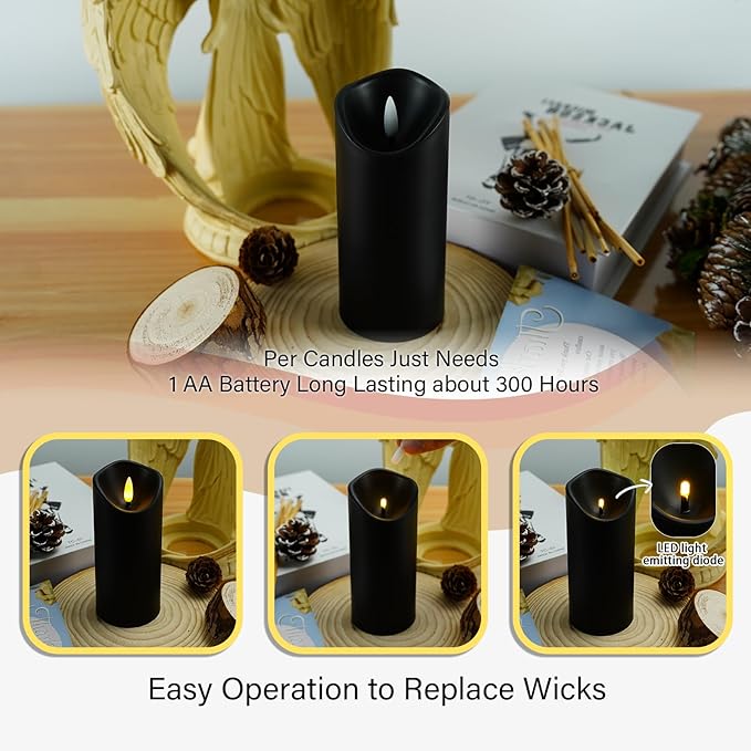 Flickering Flameless Candles, Battery Operated Acrylic LED Pillar Candles with Remote Control and Timer, Set of 9 (Black)