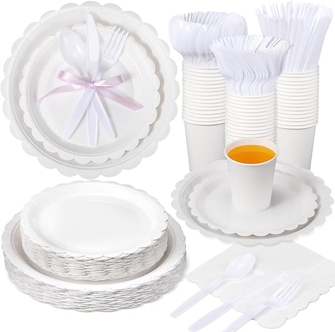 350 Pcs White Plates and Napkins, 50 Guest White Party Supplies Include Scalloped Paper Plates Napkins Cups Plastic Spoons Forks Knives Disposable Tableware Set for Weeding Bridal Baby Shower