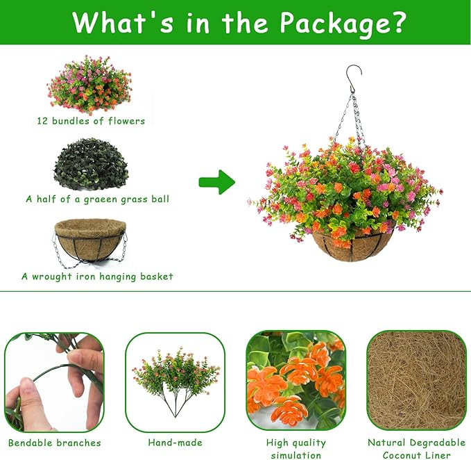 Artificial Hanging Flowers Basket, 12 UV-Resistant Bundles of Realistic Fake Flowers, Faux Plants for Outdoor Decor, Home, Garden, Porch, Patio, Spring & Summer Decorations, Orange Pink Red