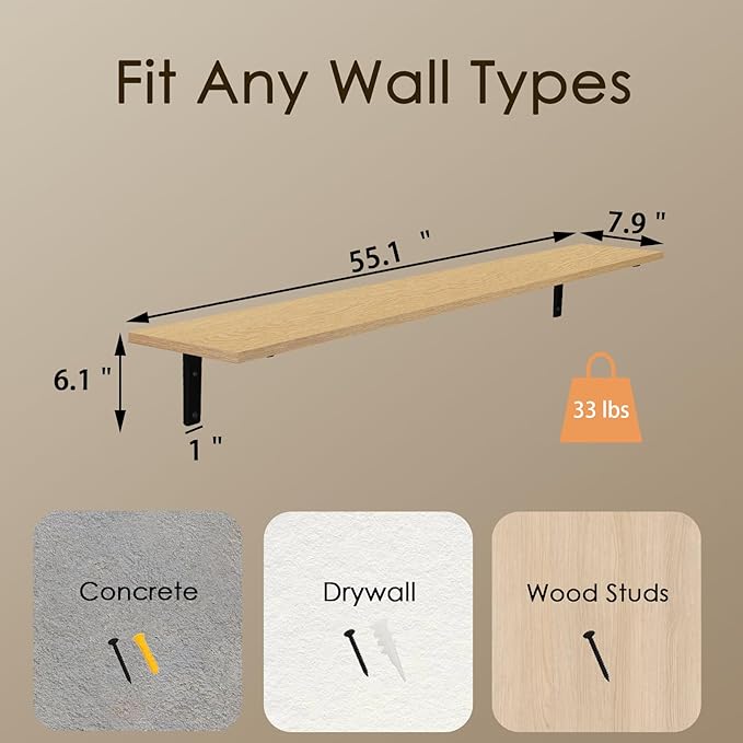 DINZI LVJ Long Wall Shelves, 55.1Inch Wall Mounted Shelves Set of 2, Extra Large Storage Ledges with Sturdy Metal Brackets for Living Room, Bathroom, Bedroom, Kitchen, Natural