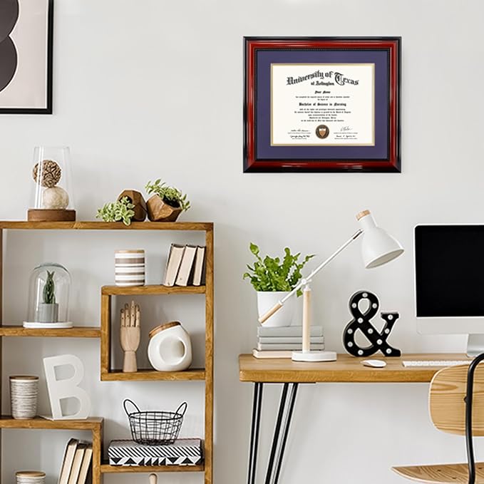 11x14 Diploma Degree Frame with Purple Mat or Display 15x18 Certificates without Mat,Solid Wood,Cherry Finish with Intricate Black Rope Detail,UV Protection Acrylic