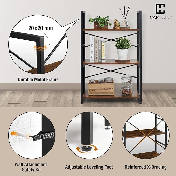 CAPHAUS 3 Tier Small Bookshelf, 24 Inch Width Free Standing Shelf, Bookcase Shelf Storage Organizer, Industrial Book Shelves for Home Office, Living Room, Rustic Oak Vintage Shelves & Metal Frame