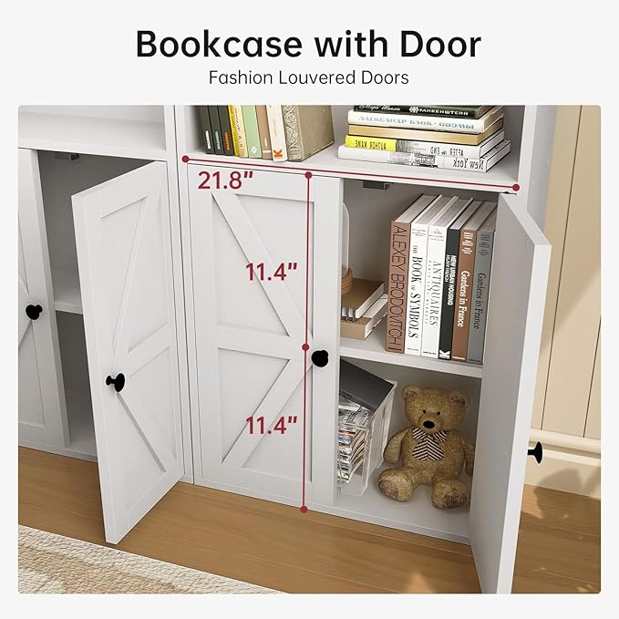 5 Tier Bookshelves and Bookcase with Doors Industrial Set of 2 Double Wide Floor Standing Book Shelf 59" Tall Display Shelves Bookshelf with Storage Cabinets for Living Room, White