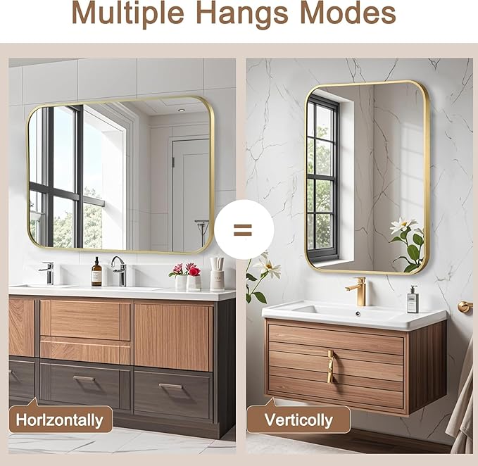 Brushed Gold Mirror, 48"x30" Rectangle Bathroom Mirror, Metal Frame Rectangle Corner Vanity Mirror, Wall Mounted Mirror for Modern, Living Room, Bedroom, Horizontal Or Vertical