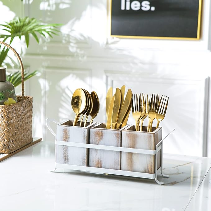 Silverware Caddy Utensil Organizer for Countertop, Flatware Caddy with Metal Rack, Wooden Utensil Cutlery Holder with 3 Compartment for Kitchen Decor and Party -White