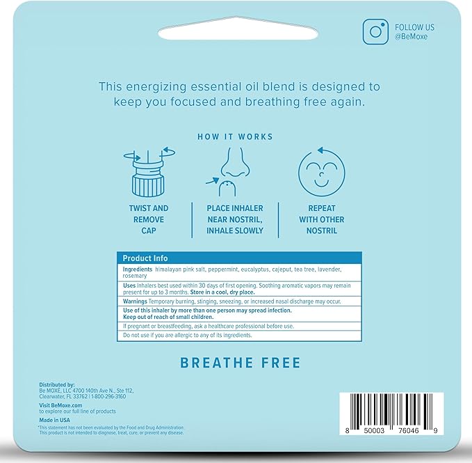MOXE Breathe | Himalayan Salt Inhaler | Help Clear Congestion, Boost Focus and Improve Breathing | Natural Aromatherapy | Peppermint, Lavender and Tee Tree Essential Oil (1 Pack)