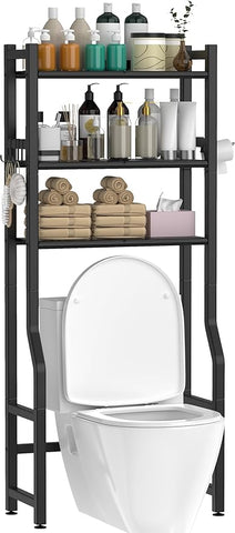 3 Tier Over The Toilet Storage Rack with Toilet Paper Holder, Metal Freestanding Bathroom Shelves with 4 Hooks, Over Toilet Storage Shelf for Bathroom Storage, Black