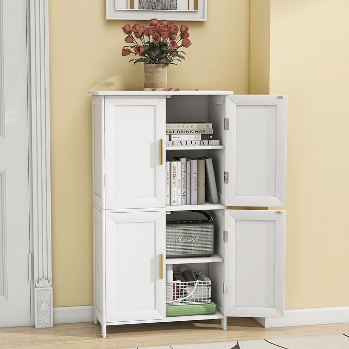Bathroom Storage Floor Cabinet Freestanding Organizer with Adjustable Shelves for Bathroom Bedroom Laundry Room,4 Doors