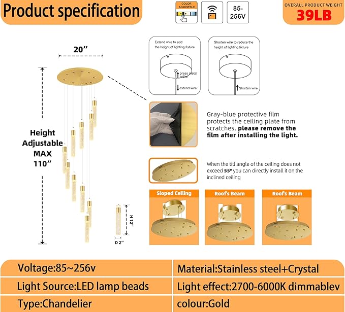 10-Lights Gold Crystal Chandeliers 110 inch Long Spiral Crystal Chandelier for High Ceiling Modern LED Foyer Ceiling Chandeliers Dimmable 3000-6000K