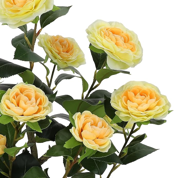 Romantic Season 2FT Yellow Artificial Camellia Tree 2Pack, Faux Camellia Plant Fake Potted Camellia Flower Tree for Modern Home Office Living Room Floor Décor