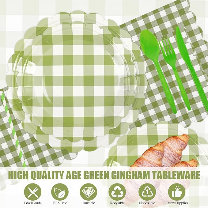 400PCS Sage Green Gingham Party Supplies, Scalloped Disposable Tableware Set Includes Paper Plates Napkins Cups Straws Forks Knives Spoons for Baby Shower Birthday Wedding Decorations, Serve 50