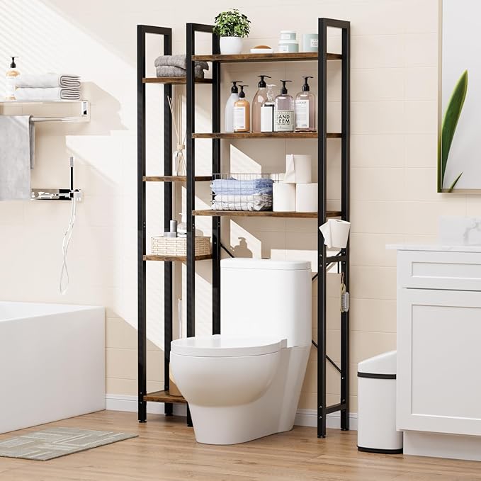 OTK Over The Toilet Storage with 7-Tier Bathroom Organizer Shelf, Freestanding Space Saver with Hooks & Adjustable Feet, Storage Rack for Bathroom, Restroom, Laundry, Vintage